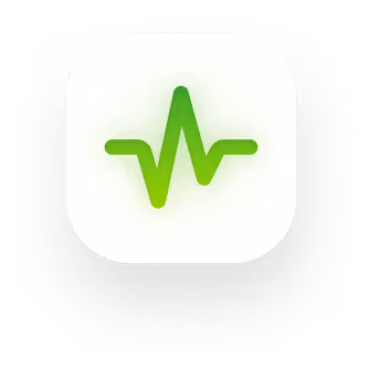 A green pulse icon with a wave pattern, set against a circular white background.